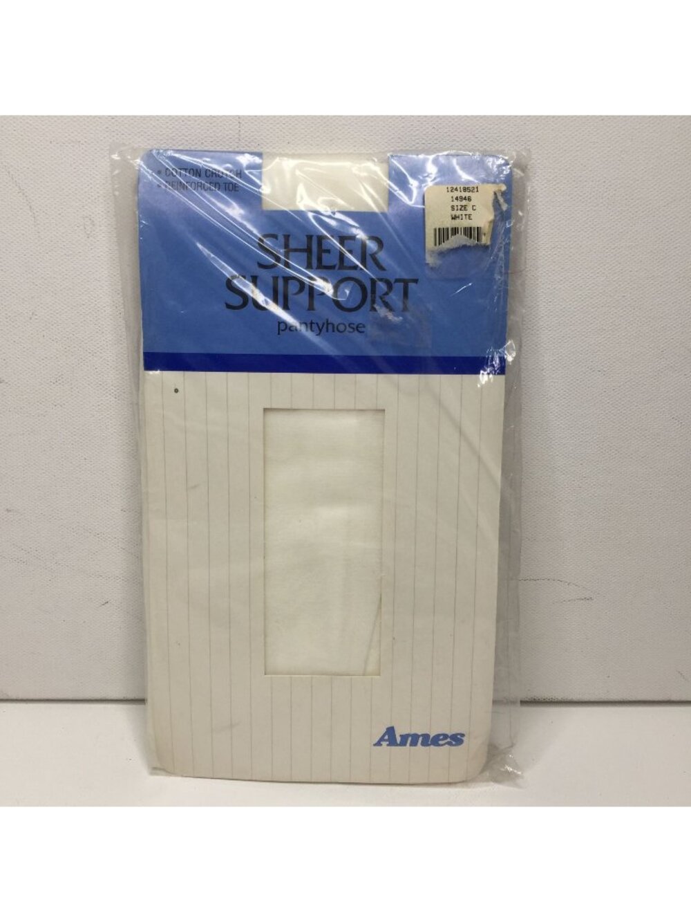 Sheer Support White Pantyhose Size C With Cotton Crotch & Reinforced Toe By Ames